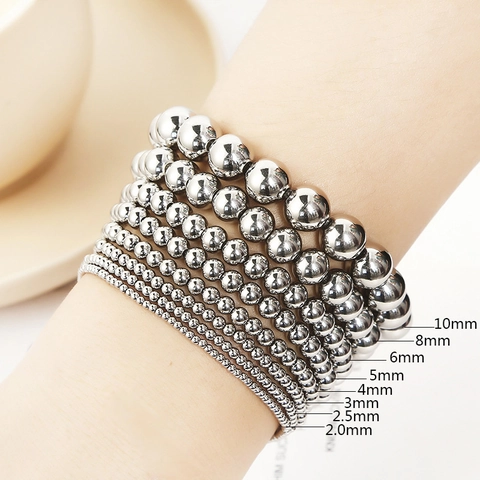 Stainless Steel Round Bead Bracelet Polished High Shine Waterproof Elastic Stretch Cord Simple Minimalist Modern Jewelry Unisex