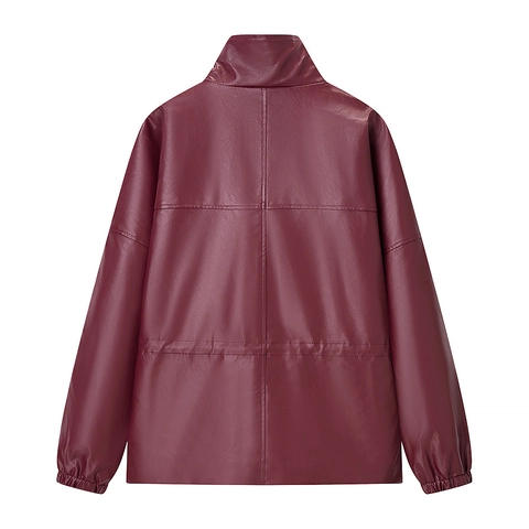 Women PU Leather Jacket Burgundy Stand Collar Zipper Long Sleeve Utility Pocket Streetwear Casual Outerwear Coat