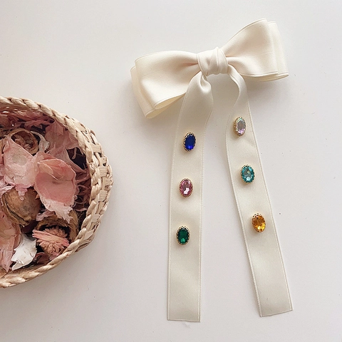 Vintage Double Layer Satin Bow Hair Clip Colorful Rhinestone Streamer Barrette For Girls Hair Accessories