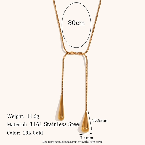Collar Lariat De Doble Gota De Agua Acero Inoxidable 316L Chapado En Oro 18K Cadena De Serpiente Joyería Minimalista Para Mujer