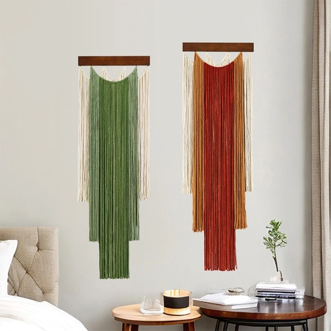 Bohemian Macrame Wall Hanging Handmade Cotton Woven Tassel Tapestry With Wood Pole Aesthetic Home Decoration