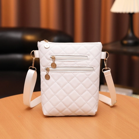 Women Quilted Rhombic PU Leather Crossbody Bag Triple Zipper Mobile Phone Purse Adjustable Strap Casual Fashion Square Bag