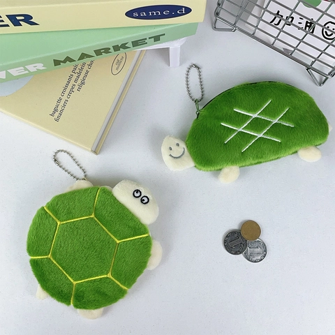Turtle Plush Coin Purse Small Zipper Wallet Keychain Pendant Cute Animal Shape For Kids Accessories
