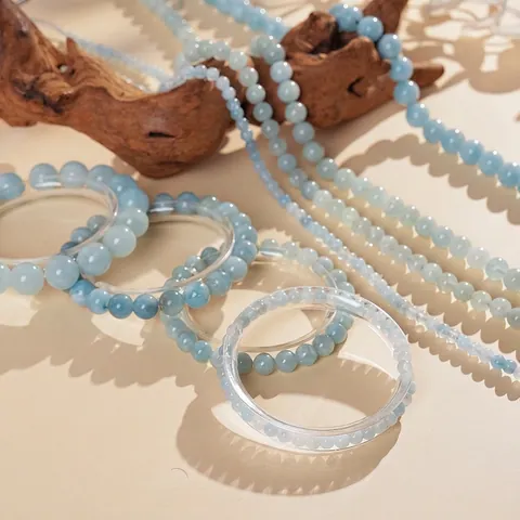 Aquamarine Stone Round Beaded Stretch Bracelet Light Blue Elegant Jewelry For Women Versatile Hand Decor