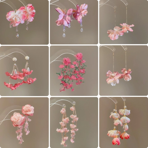 Pink Flower Tassel Earrings With Fabric Petals Faux Artificial Pearls 925 Sterling Silver Earring Post Sweet Summer Jewelry