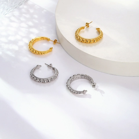 Pendientes De Aro De Acero Inoxidable En Forma De C Texturizados Martillados Con Cuentas Retorcidos Patrón De Corazón Joyas Para Mujeres