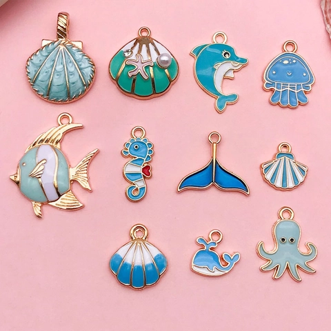 Ocean Animal Charms Enamel Alloy Dolphin Shell Octopus Pendants For DIY Jewelry Making Bracelet Necklace Accessories