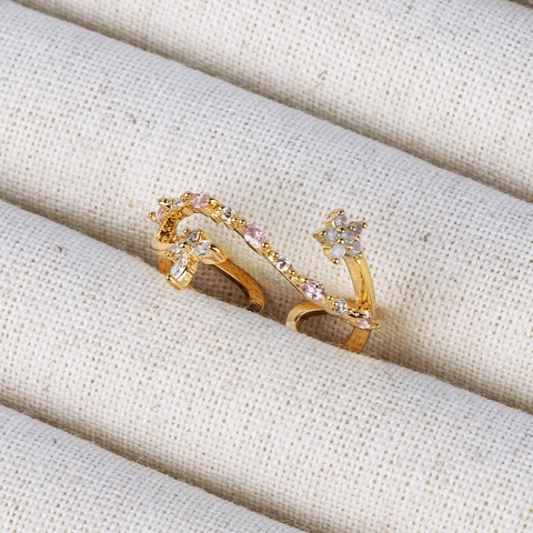 Bloem Rank Verstelbare Open Ring Verguld Koper Roze Witte Steentjes Elegante Sieraden Cadeau Voor Vrouwen