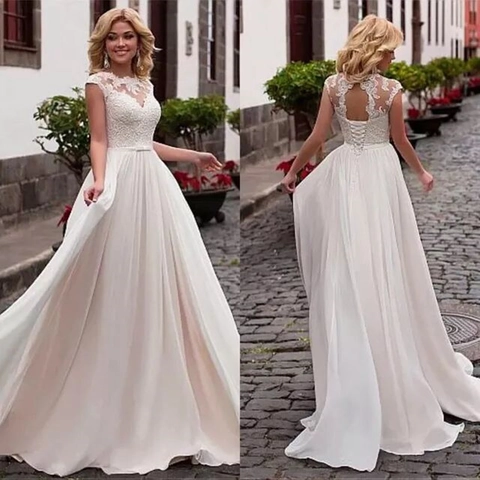 Abito Da Sposa In Pizzo E Chiffon Avorio Senza Maniche Linea A Schiena Scoperta Stringhe Vita Alta Donna
