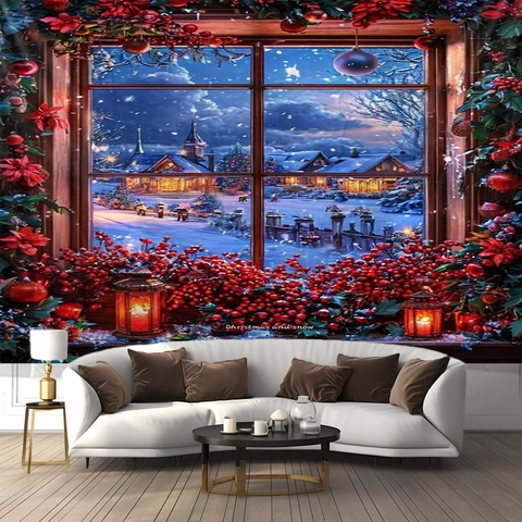 Christmas Tapestry Wall Hanging Polyester Holiday Decor Winter Snow Window View Forest Gnomes