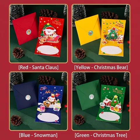 Christmas Greeting Card 3D Pop Up Creative Holiday Blessing Message Cardboard With Envelope Sticker Santa Tree Snowman