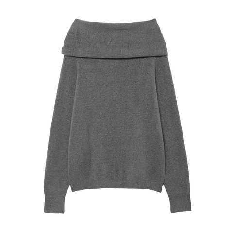 Women Elegant Off Shoulder Knit Sweater Metal Ring Decoration Long Sleeve Solid Color Ribbed Pullover Top Grey