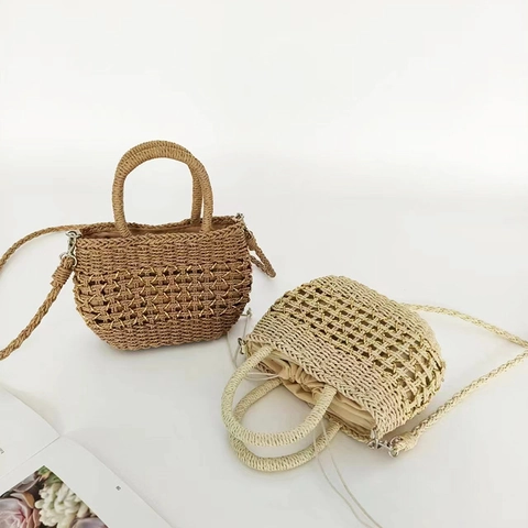 Women Straw Woven Handbag Hollow Out Bucket Bag With Drawstring Liner And Long Shoulder Strap For Summer Beach Vacation