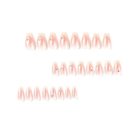 Press On Nails Rosa Weißer Farbverlauf Silber Glitzer Strass French Tip Coffin Ballerina Form Künstliche Nägel Lang Damen