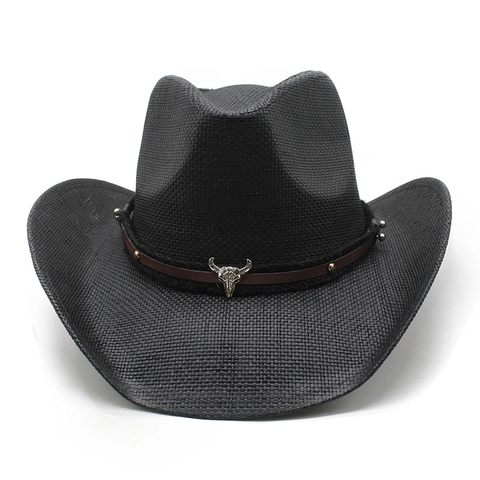 Chapeau De Cow-Boy En Paille Western Vintage Papier Large Bord Protection Solaire Avec Décor Tête De Taureau