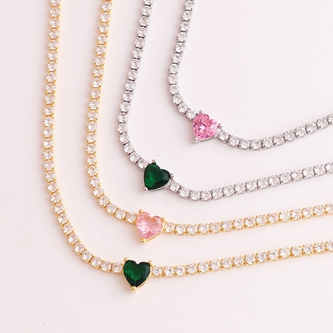 Collana Tennis Con Pendente A Cuore Rame Placcato Oro Zirconia Gioielli Di Moda Per Donna