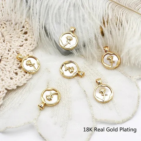 Pendentif Rond Rose Fleur 18K Cuivre Plaqué Or Nacre Blanche Pour La Fabrication De Bijoux DIY Femmes Élégantes