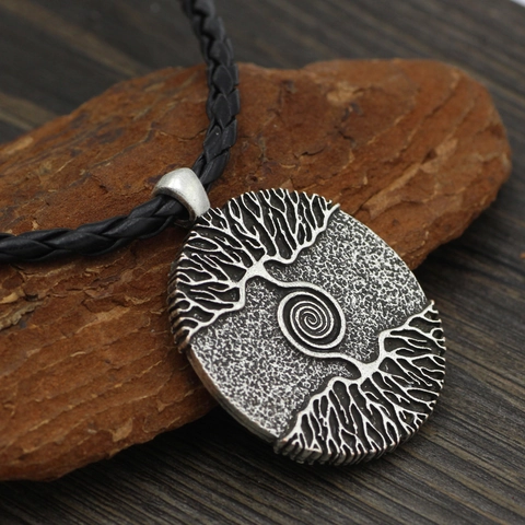 Collier Pendentif Alliage Arbre De Vie Motif Spirale Style Viking Mythologie Nordique Cordon En Cuir Chaîne Métallique Hommes Femmes