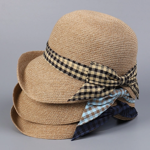 Women Straw Sun Hat Cellulose Polyester Blend Plaid Bow Wide Brim UV Protection Breathable Foldable Summer Beach Travel