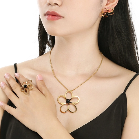Gioielli A Fiore Cavo In Acciaio Inossidabile Per Donna Collana Orecchini E Anello Placcati Oro Con Perla Artificial O Turchese