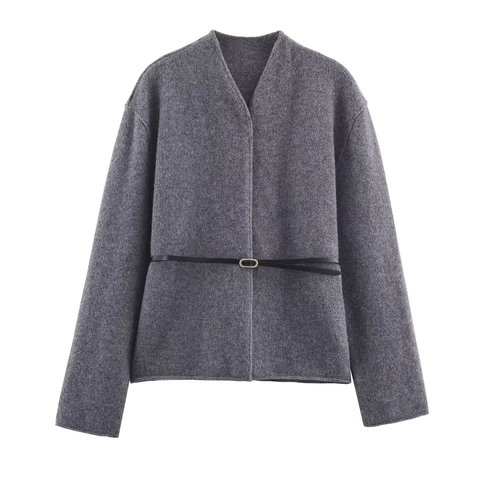 Women Elegant Short Woolen Jacket V Neck Long Sleeve Solid Color Casual Outerwear With Belt