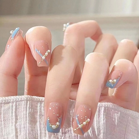 Press On Nails Short Square Round Light Blue Peach With Artificial Pearls Lines Glitter French Style False Nails Elegant Sweet