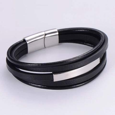 Multi-layer PU Leather Bracelet Stainless Steel Magnetic Clasp Minimalist Wrap Braid Jewelry For Men And Women