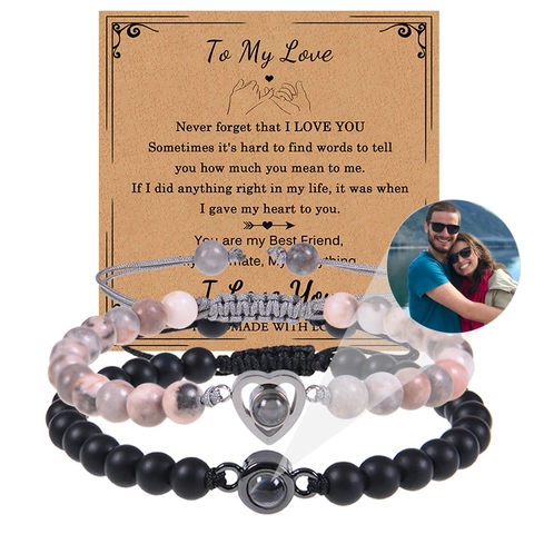Pulsera De Cuentas Con Colgante De Proyección De Corazón Piedra Natural Negro Mate Rosa Cuerda Trenzada Joyería Ajustable Para Parejas