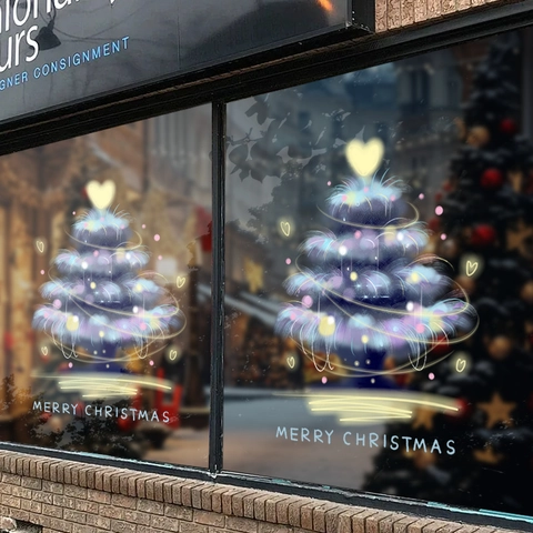 Blue Christmas Tree Window Stickers Static Cling PVC Glowing Effect Decals Glass Door Holiday Decoration Merry Christmas