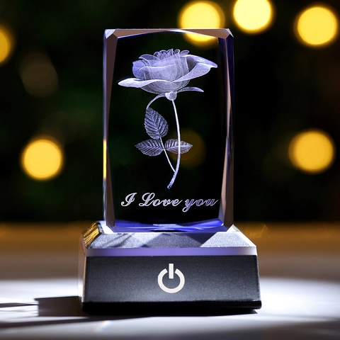 Veilleuse En Cristal Gravée Au Laser 3D Avec Base LED Changement De Couleur Ornement Décoratif Pour Cadeaux Maman Amis