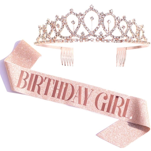 Birthday Girl Sash And Rhinestone Crown Tiara Glitter PU Leather Alloy Sparkling Celebration Accessories For Women