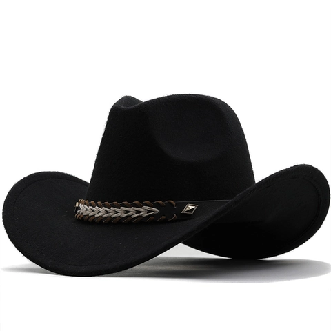 Western Cowboy Hat Felt Wide Brim Fedora With Woven Belt Rivets Retro Style Adjustable Solid Color For Men Women