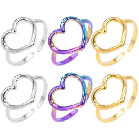 Anillo Abierto Corazón Hueco Acero Inoxidable Ajustable Joyería Estética Retro Para Mujeres Hombres