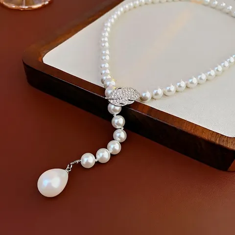 Collar De Perlas Artificiales En Forma De Y Elegante Conector De Hoja Circonita Colgante De Perla Artificial Gota Joyería Cobre Estilo Francés Mujer