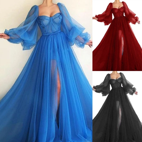 Off-the-shoulder Mesh Abendkleid Mit Puffärmeln Hohem Schlitz Korsett Tüll Formelles Partykleid Für Frauen Elegant