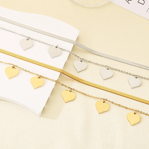 Double Layer Necklace Stainless Steel Heart Pendants Herringbone Snake Chain Chic Sweet Jewelry Daily Wear For Women