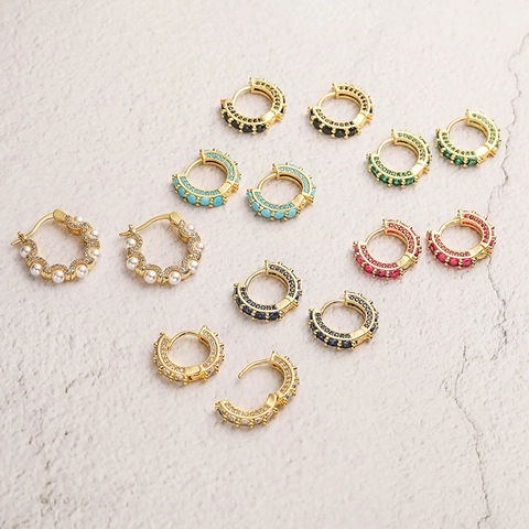 Orecchini A Cerchio In Rame Placcati Oro Con Zirconi Colorati E Künstliche Perle D Imitazione Lusso Leggero Per Donna Quotidiano