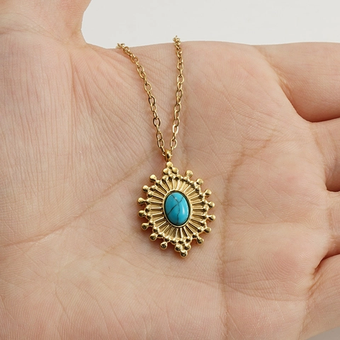 Collier Pendentif Acier Inoxydable Plaqué Or 18K Pierre Turquoise Rayon De Soleil Mauvais Œil Bohème Vintage Femmes