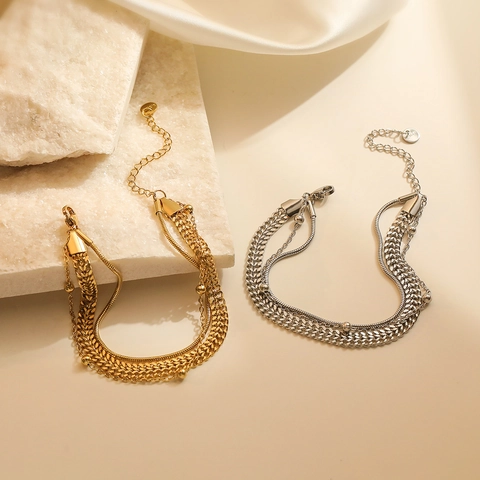 Layered Chain Bracelet Stainless Steel Multi Row Snake And Bead Chains Adjustable Lobster Clasp Vintage Minimalist Jewelry For Women