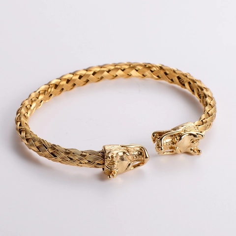 Men's Stainless Steel 18K Gold Plated Twisted Wire Woven Dragon Head Open Cuff Bangle Punk Vintage Jewelry