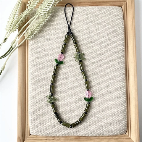 Cordoncino Catena Per Telefono Fatto A Mano Perle Di Bambù Acrilico Vetro Fiore Stile Cinese Vintage Portafortuna