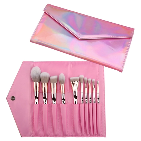 Brochas Maquillaje Pro Mango Plástico Oro Rosa Cerdas Sintéticas Para Base Polvos Sombra Ojos Estuche Holográfico