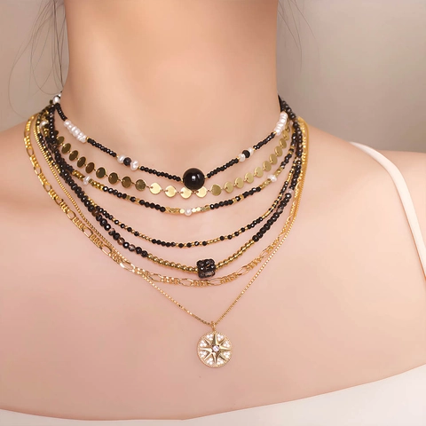 Collier Superposé Vintage Français en Pierre Naturelle pour Femmes Spinelle Noire Agate Noire Perle d'Eau Douce Pendentif Étoile Plaqués Or Bijoux