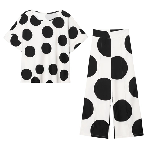 Polka Dot Short Sleeve Top And High Waist Wide Leg Pants Polyester Printed Casual Streetwear Women