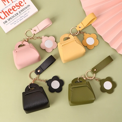 Mini Sac Porte-Clés En Cuir PU Avec Pendentif Miroir Fleur Petit Porte-Monnaie De Rangement Pour Femmes