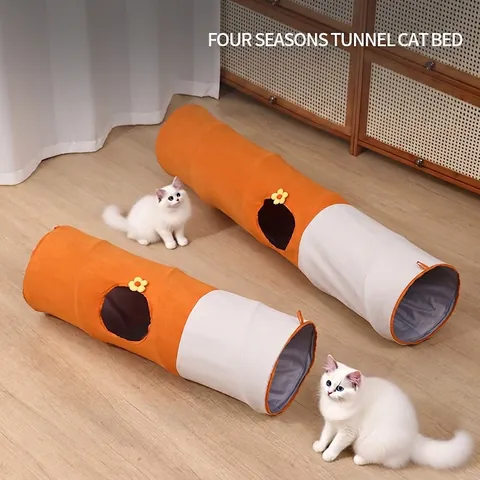 Collapsible Cat Tunnel Toy For Indoor Cats Faux Suede Taffeta Multi Hole Design With Interactive Ball And Flower Decor