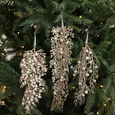 Decorazione Da Appendere Albero Di Natale Oro Champagne Luccicante Con Künstliche Perle Finte Forma Ramo Foglia Plastica Festa