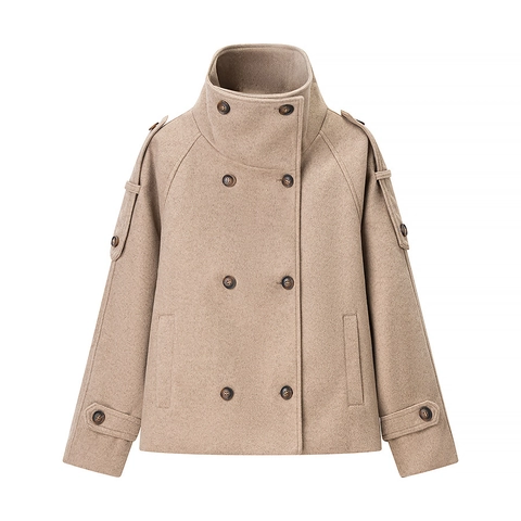 Dames Wollen Jas Dubbele Rij Knopen Opstaande Kraag Losse Pasvorm Lange Mouwen Jas Voor Herfst Winter Elegant Casual