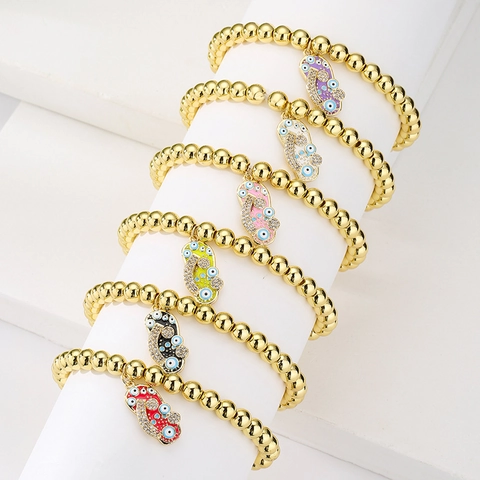 Kupferperlen Armband Vergoldet Böser Blick Hausschuh Anhänger Emaille Zirkon Für Frauen Boho Schmuck
