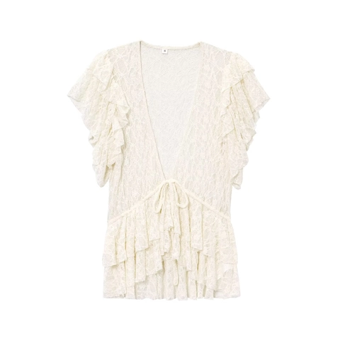 Blusa De Encaje Para Mujer Cuello En V Lazo Delantero Manga Con Volantes Color Sólido Corto Top Casual